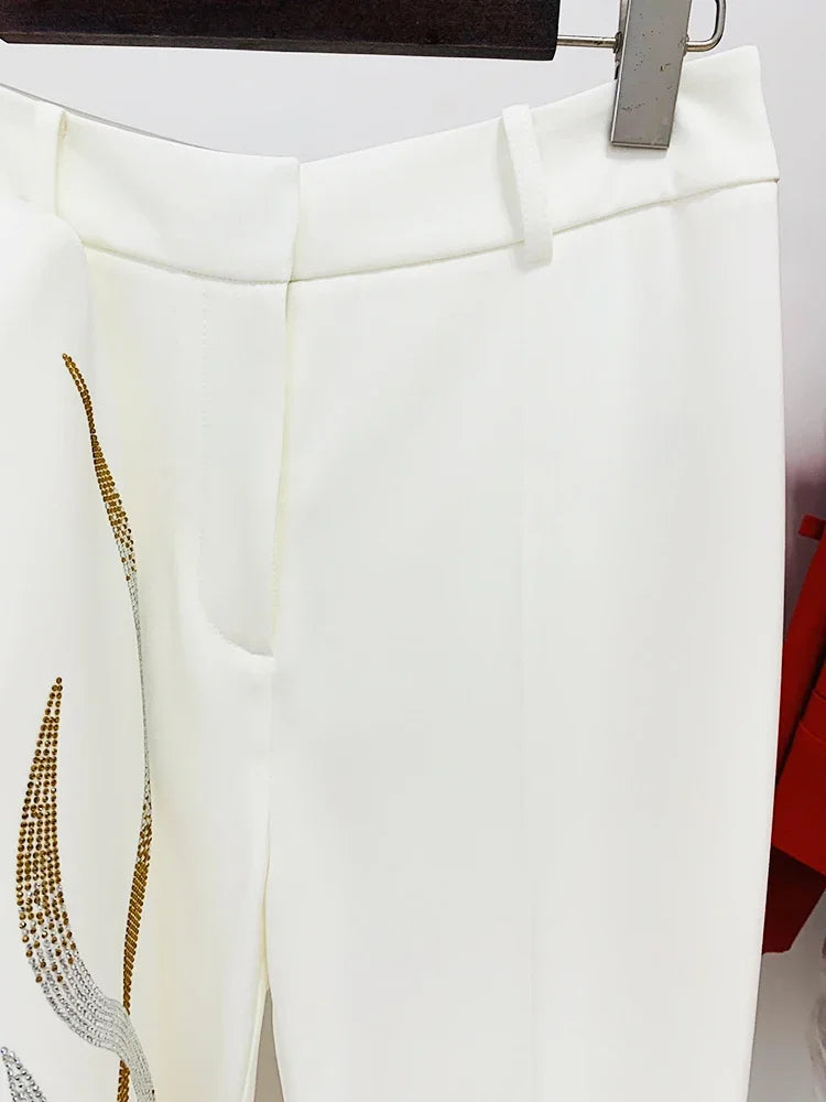 Fashion Designer Runway Suit Set Women's Colorful Diamonds Belted Blazer Flare Pants Suit 2pcs