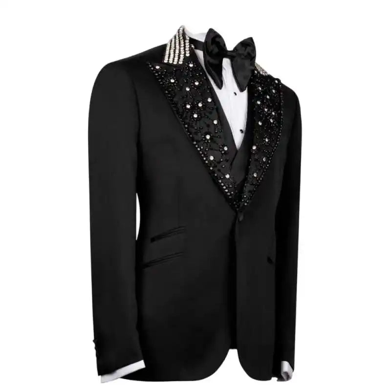 Modrn Wedding Tuxedos 2 PCS Jacket Pants Beaded Men Suit Fashion Crystal Peaked Lapel Single Breasted  Groom Coat Customized