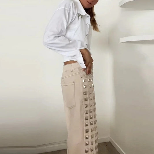 Vintage Rivet Denim Trousers Women Solid Low Waist Slim Straight Wide Leg Pants Spring Summer Lady High Street Jeans New