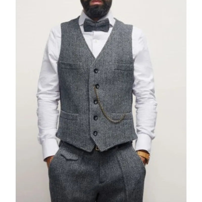 (Jacket+Vest+Pants) Smoking Winter Men's Suits Groom Wedding Dress Herringbone Pattern Tweed Slim Fit Fashion Blazer Men Clothin