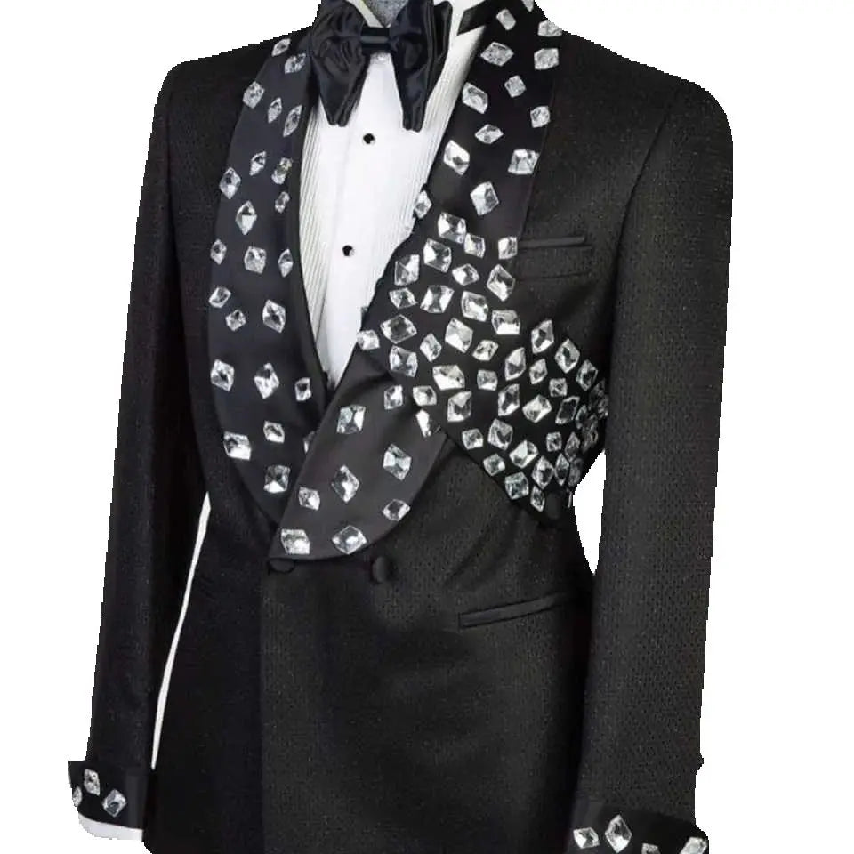 Gorgeous Wedding Tuxedos Crystal Double Breasted Men Suit Shawl Lapel 1 Piece Set Jacket  Groom Blazers Prom Party Customized