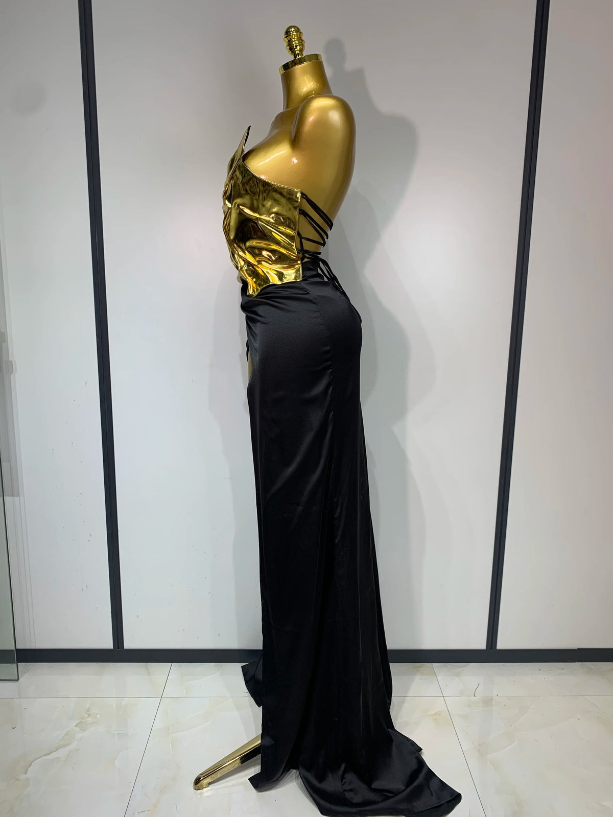 Women Gold Color Sexy Laced-up Tops 2 Pieces Set Long Dress Celebrate Evening Party Celebrity Elegant Dress