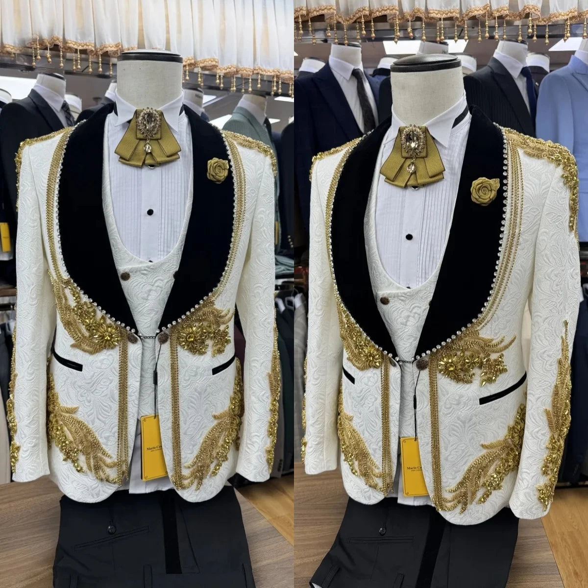 Men Suits Tailor-Made 3 Pieces Set Coat Jacquard Appliques Tassel Shawl Lapel Crystal Blazer Customized Jacket Vest Black Pants