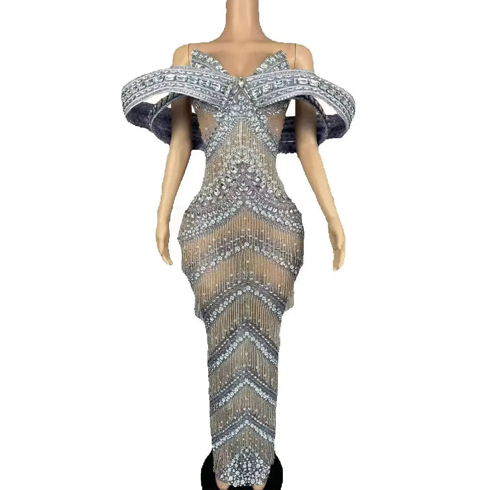 Sexy Glitter Rhinestone Gold Dress Party Off Shoulder Chain Long Dress Evening Gogo Clubwear Singer Stage Photoshoot Stage Wear