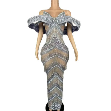 Sexy Glitter Rhinestone Gold Dress Party Off Shoulder Chain Long Dress Evening Gogo Clubwear Singer Stage Photoshoot Stage Wear