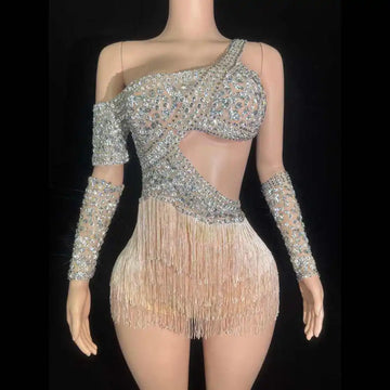 Sparkly Rhinestones Tassels Bodysuit Gloves for Women Sexy See Through Performance Dance Costume Singer Dancer Stage Wear
