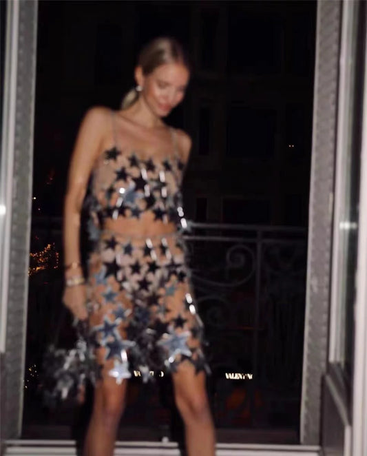 Nightclub Party Display Clothing Silver Star Metal Chain Splice Body Sexy Hollow Mirror Sequin Bikini Chain