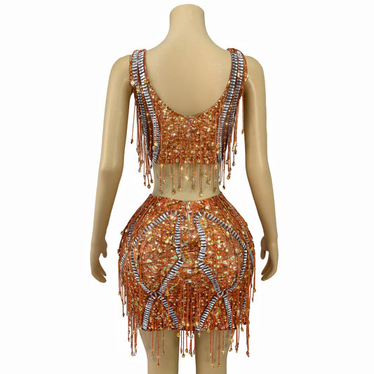 Luxury Fashion Singer Dancer Show Shiny Rhinestone Tassel Costume Suit Skirt Ladies Party Celebration Costume