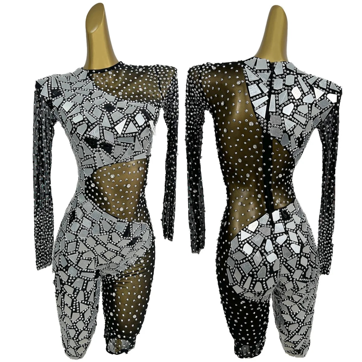 Sexy Women Black See Through Mesh Bodysuit Sparkly Rhinestone Mirrors Tight Fitting Catsuit Club Party Event Show Wear