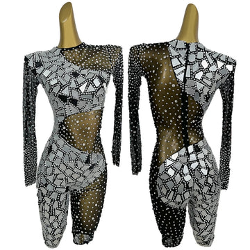 Sexy Women Black See Through Mesh Bodysuit Sparkly Rhinestone Mirrors Tight Fitting Catsuit Club Party Event Show Wear