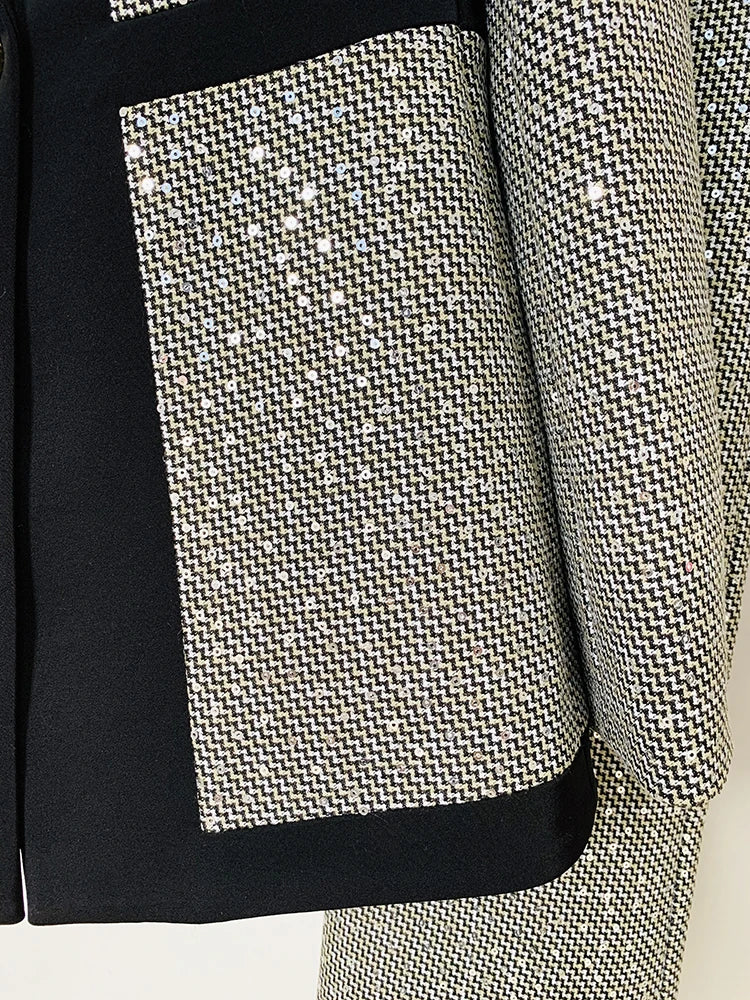 Designer Fashion Runway Suit Set Women Glitter Squined Blazer Jacket Pants Set