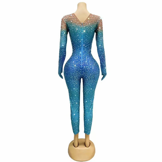 Sexy Stage Costume Full Rhinestones Long Sleeves Gloves Jumpsuit Evening Fashion Show Outfit Women Dance Photoshoot Bodysuit