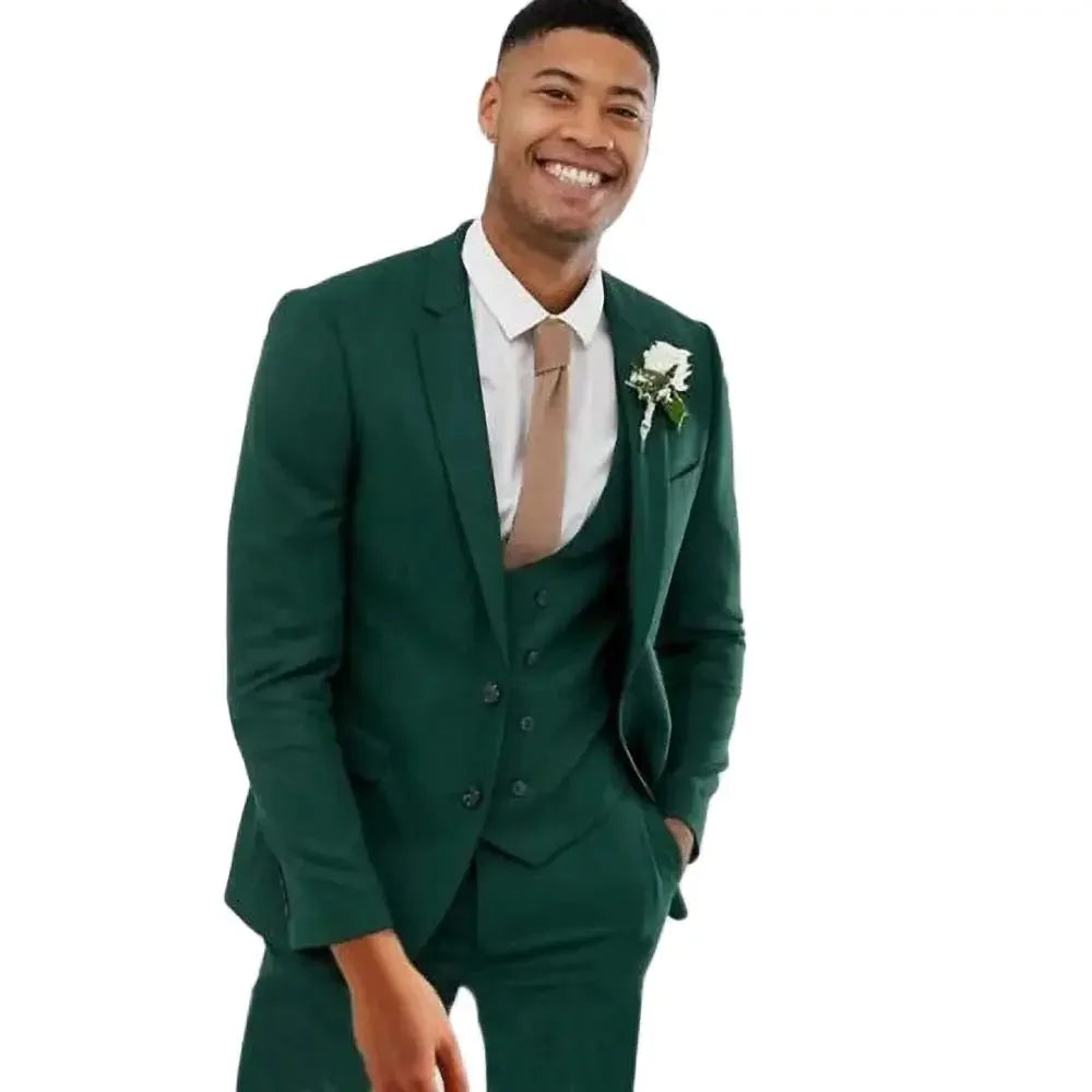 Trajes de solapa con muesca verde oscuro de un solo pecho para hombre, moda formal, informal, de negocios, para boda, novio, esmoquin, conjunto de 3 piezas