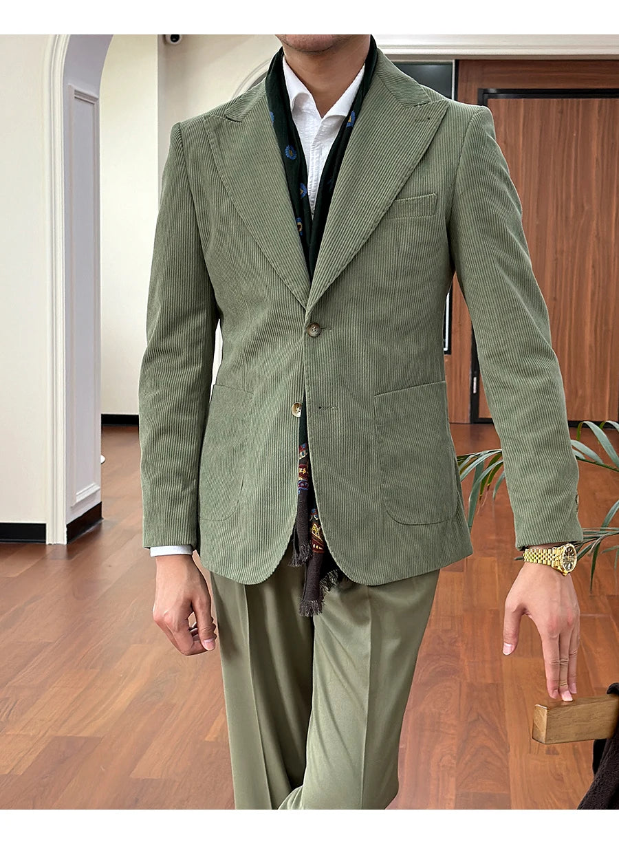 Blazer de bal en velours côtelé vert clair pour homme, costume de gentleman britannique, blazer Naples de haute qualité, costume d'affaires pour homme, blazer Hombre