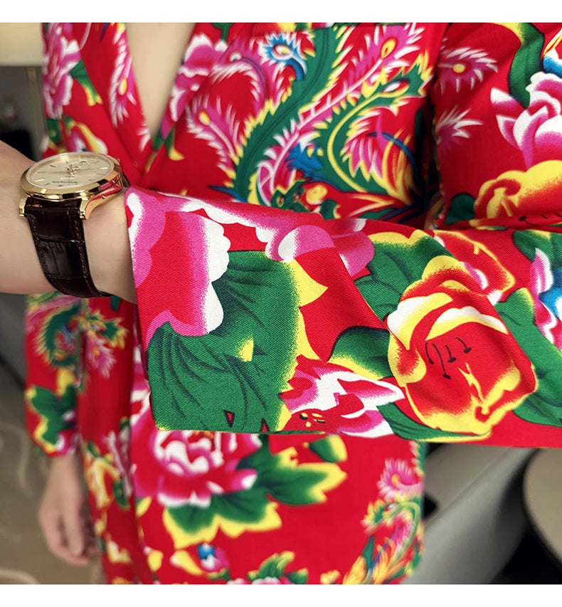 Traje de 2 piezas para hombre, estilo vintage, para fiesta, con estampado de flores grandes, estilo noreste de China, chaqueta y pantalones.