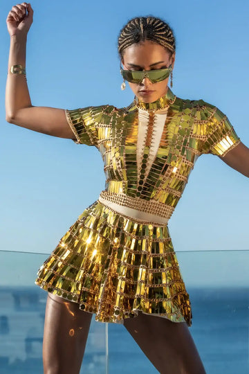 Robe de soirée courte à paillettes dorées et cristaux pour fête d'anniversaire, tenue de spectacle, de danse, grande taille 