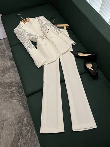 Ensemble pantalon et blazer à paillettes et broderies de perles blanches pour femme, tenue 2 pièces, noir
