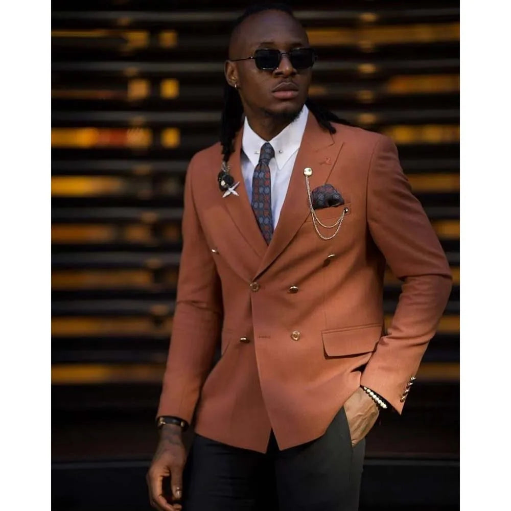 Costume homme croisé formel à revers en pointe, blazer tendance, longueur standard, devant plat, tenue de soirée, 2 pièces, veste et pantalon