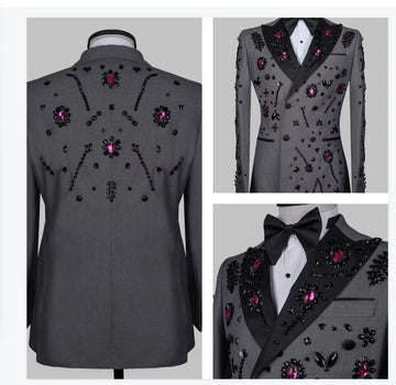 Purple Men Suit Set 2 Piece Blazer+Pants Trousers 3D Flower Cotton Customized Formal Office Jacket Groom Wedding Tuxedo Coat