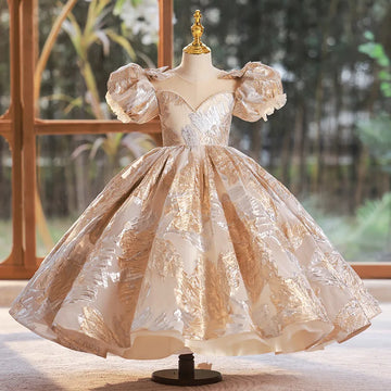 Luxury Bubble Sleeves Girls Dress Fashion Round Neck Princess Dresses Holiday Party Children's Vestidos Ball Gown for Girl