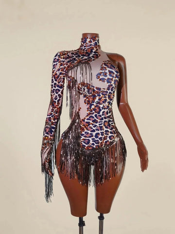 Sexy Skinny Leotard Singer Dancer Show Stage Wear Sparkly Leopard Rhinestones Women Dance Costume Fringes One Shoulder Bodysuit