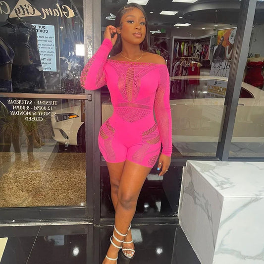 Hollow Out Jumpsuit Women One-pieces Rompers Womens Black Bodycon Rose Red Long Sleeve Romper Playsuits