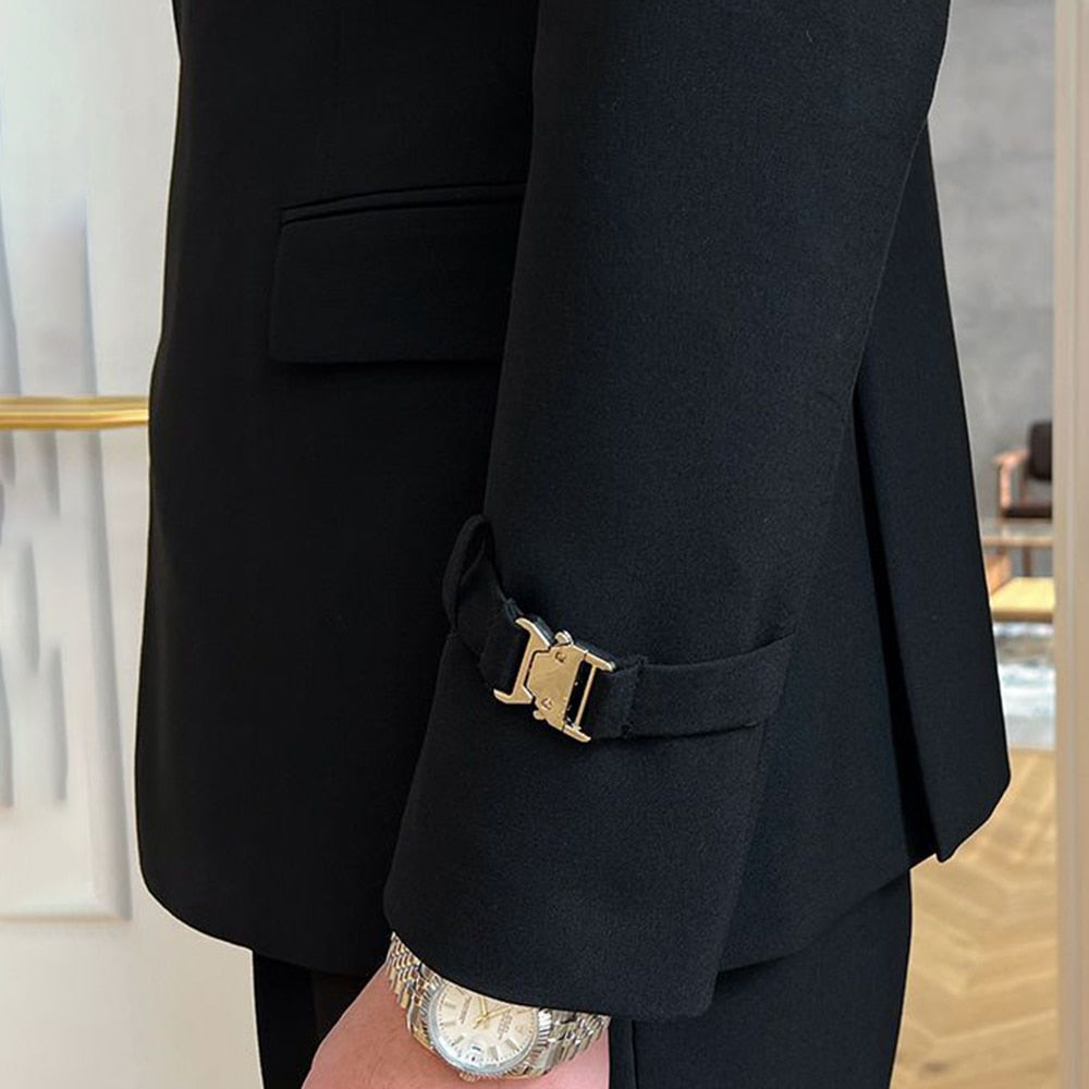 Veste de costume noire de style britannique pour homme, tenue professionnelle décontractée, tenue formelle, ceinture croisée 