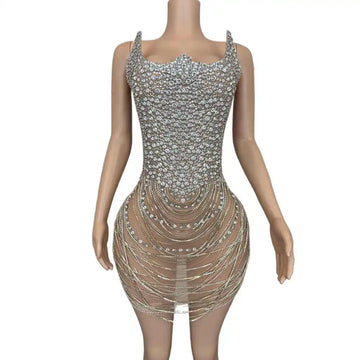 Robe courte à strass scintillants pour femme, tenue sexy en maille transparente pour soirée, bal, anniversaire, séance photo 