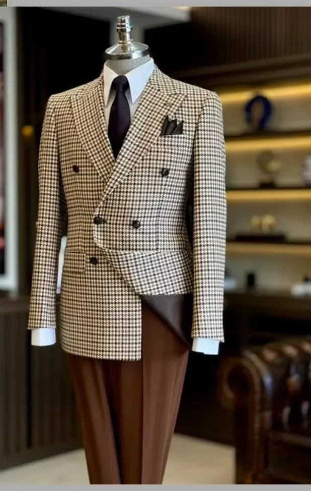 Costume homme, veste pied-de-poule, pantalon marron, revers pointu, blazer croisé, robe de bal, marié, dernière conception