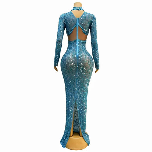 Sexy Stage Elegant Blue Shining Rhinestones Transparent Mesh Long Sleeves Dress Women Evening Party Prom Gown Red Carpet Costume