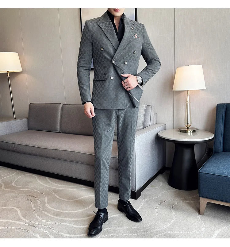 Elegant Double-Breasted Navy Checker Suit for Men – Custom Tailored Business & Wedding Attire, Stylish Formalwear Set