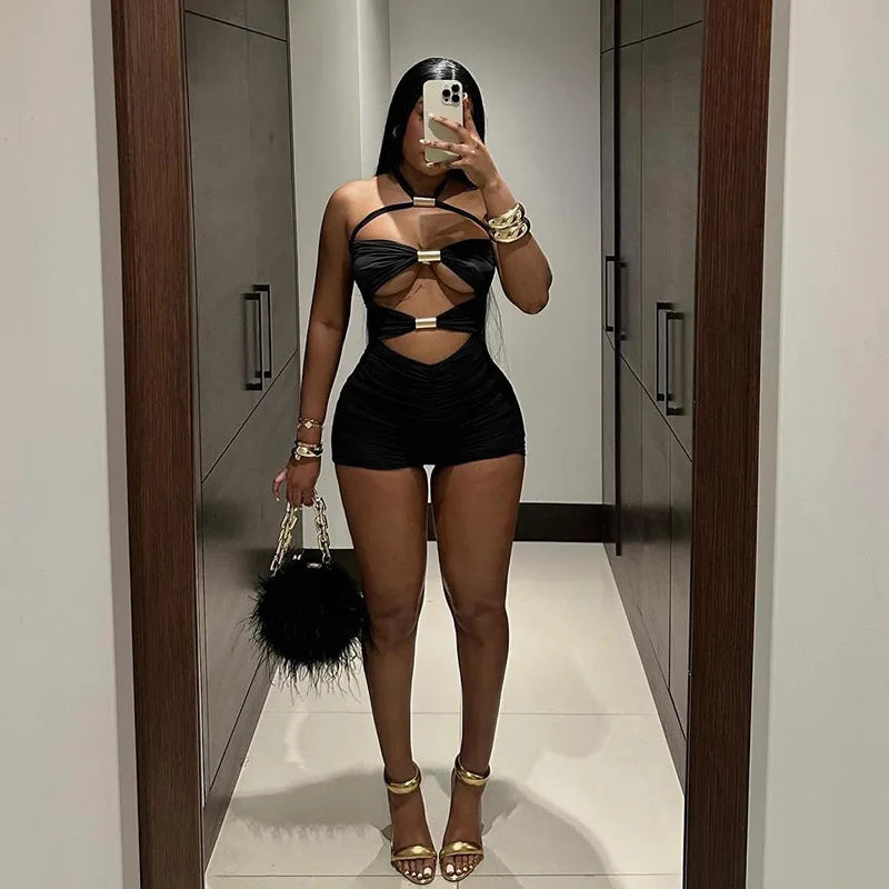 Shorts Street Sexy Babes Solid Color Hollow Sleeveless Neck Strap Jumpsuit Fashion Women's Spring and Summer New Arrivals
