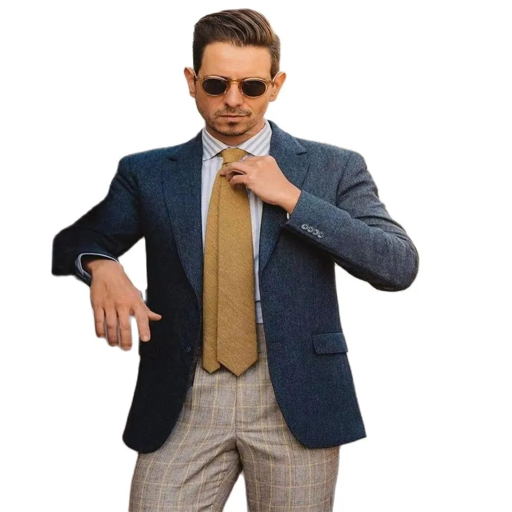 New Wedding Suit Navy Blue Coat Beige Plaid Trousers Tuxedo Homme Business Casual Slim Luxury Gentleman 2-Piece