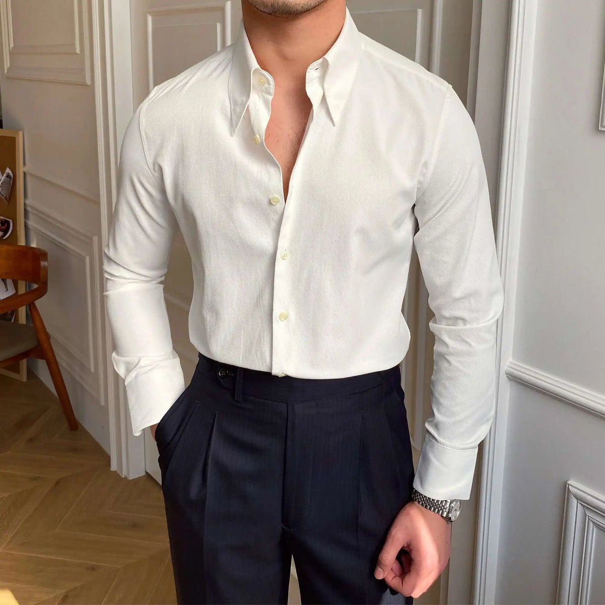 Leisure British Business Shirt Design British Men Cuba Collar Slim Solid White Shirt Camisa Social Masculina Men Shirt