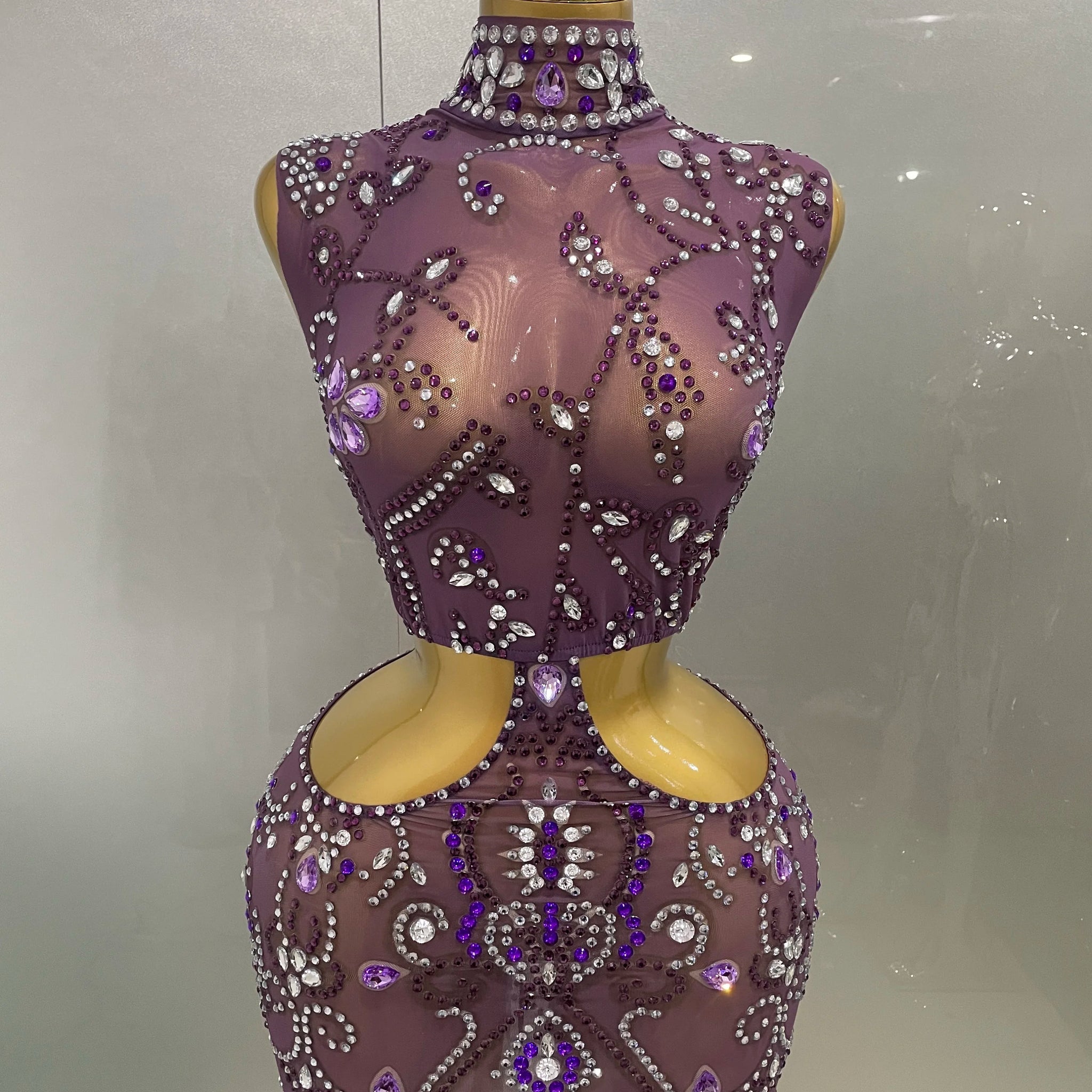 Luxury Sparkly Rhinestones Purple Sleeveless Waist Hollow Sexy Dress Women Birthday Celebrate Singer Stage Photoshoot Outfit