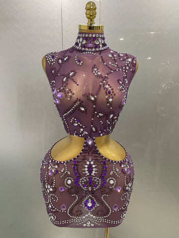 Luxury Sparkly Rhinestones Purple Sleeveless Waist Hollow Sexy Dress Women Birthday Celebrate Singer Stage Photoshoot Outfit