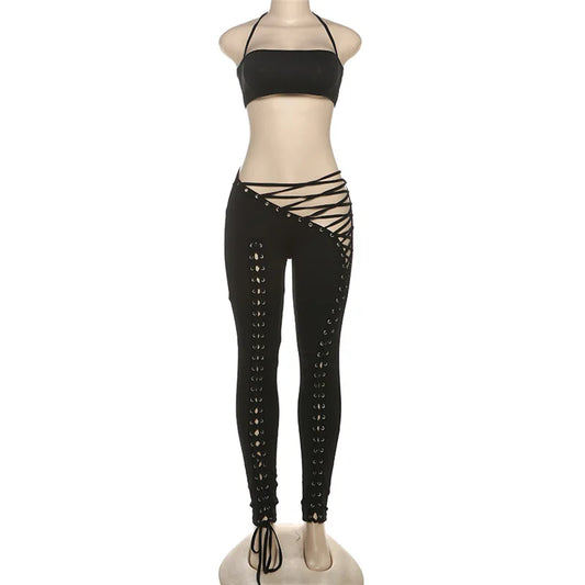 Women Solid Grommet Lace Up 2 Piece Set Halter Camisole Crop Tops + Shirring Hollow Skinny Pants Y2K Clubwear Suit Streetwear