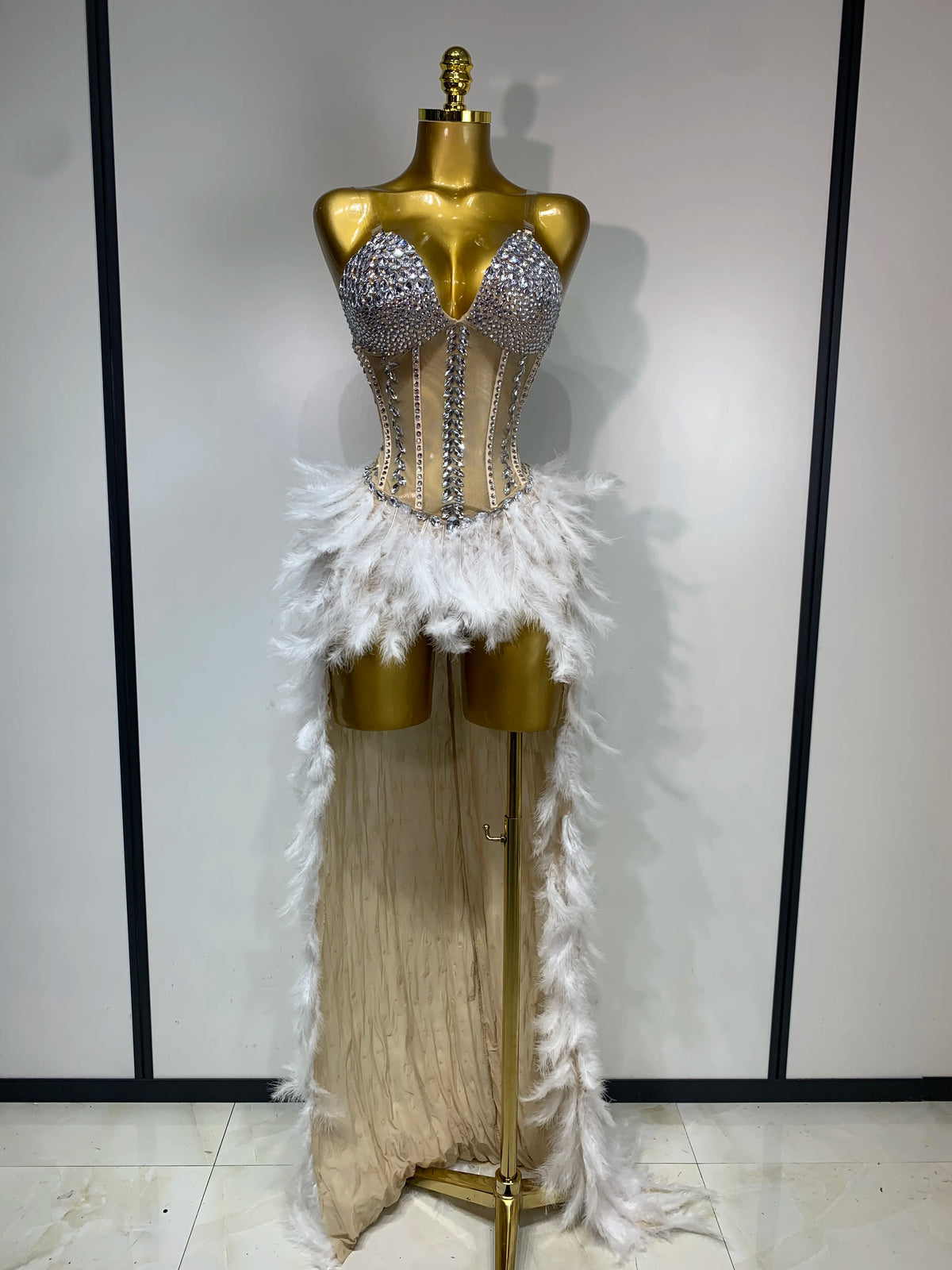 Sparkly Rhinestones Bodysuit Feathers Long Tail Dress Sexy Mesh Transparent Evening Party Celebrate Birthday Dress Stage Outfit