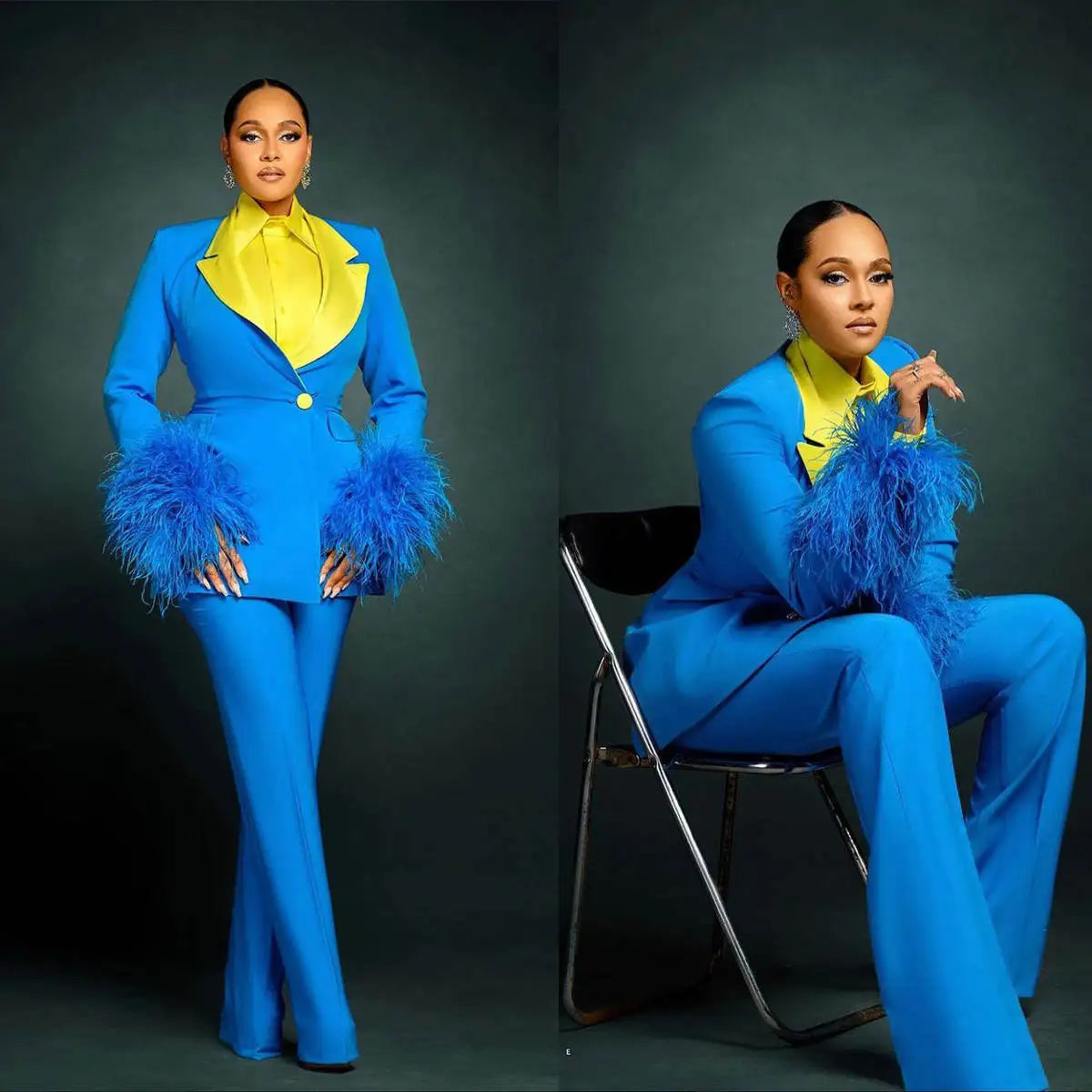Ensemble 2 pièces pour femme, pantalon patchwork, manchette en plumes, blazer à un bouton, sur mesure, grande taille