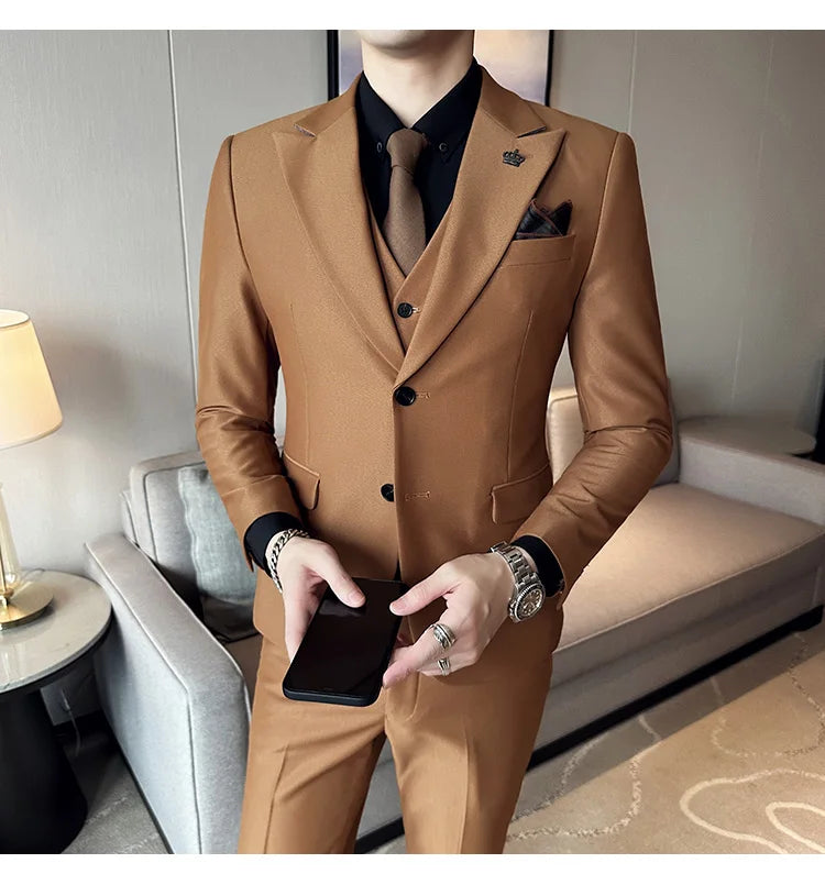 (Chaqueta + chaleco + pantalones) Traje de lujo de primavera para hombre, traje formal para novio, esmoquin de boda, traje ajustado para fiesta de trabajo, 3 piezas