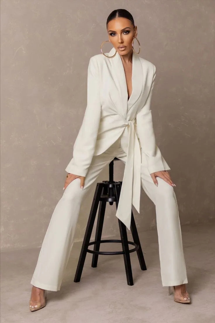 Conjunto de 2 piezas blanco sexy para mujer, traje con solapa chal y cinturón, holgado, para fiesta de graduación y noche.