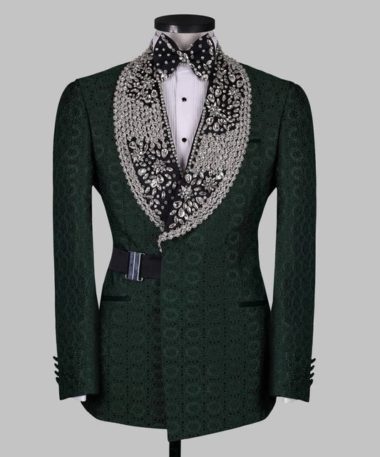 Vintage Man Suits Fit Slim Beading Crystal Shawl Lapel Party Prom 2 Pieces Set Blazer Rhinestone Customized Jacket Pants