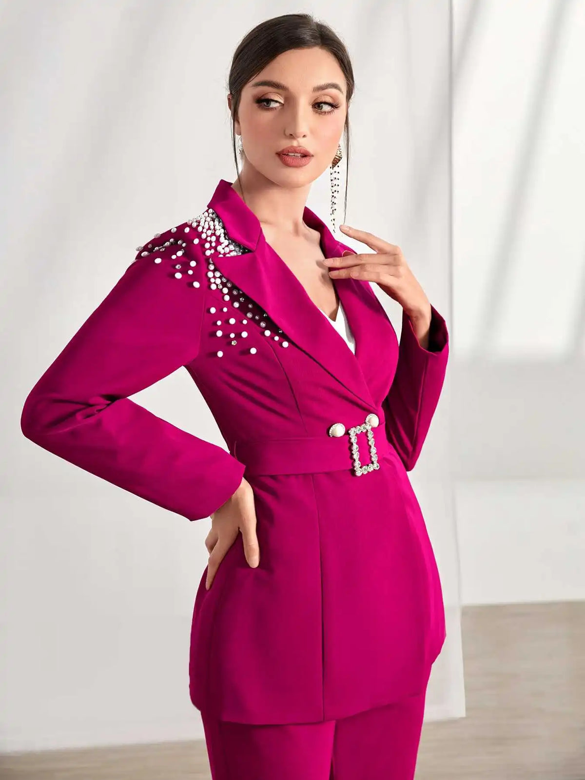 Elegant Customized 2 Pieces Women Suits Pearls Crystal Office Ladies Work Belt Sash Classic Fit Birthday Party Outfits