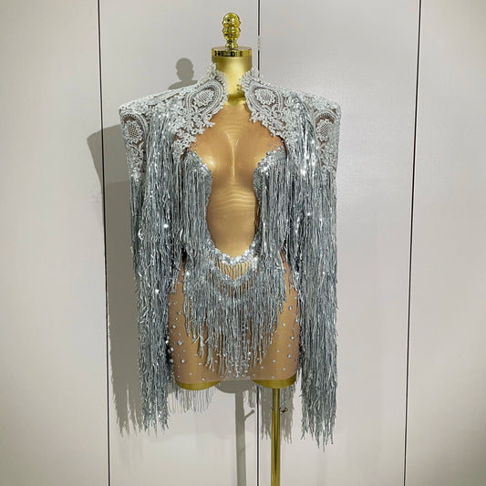 New Arrival Luxury Sparkly Rhinestone Sequin Tassel Coat Skirt 2Pcs Women Birthday Party Nightclub Stage Performance Costume
