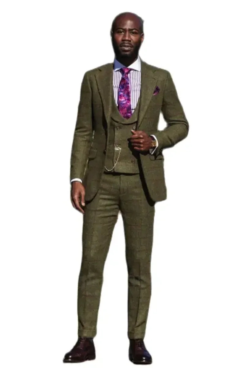 3 Piece Men's Suits Bussiness Formal Notch Lapel Groomsmen Woolen Plaid Tuxedos for Party Activities Wedding (Blazer+Vest+Pant)