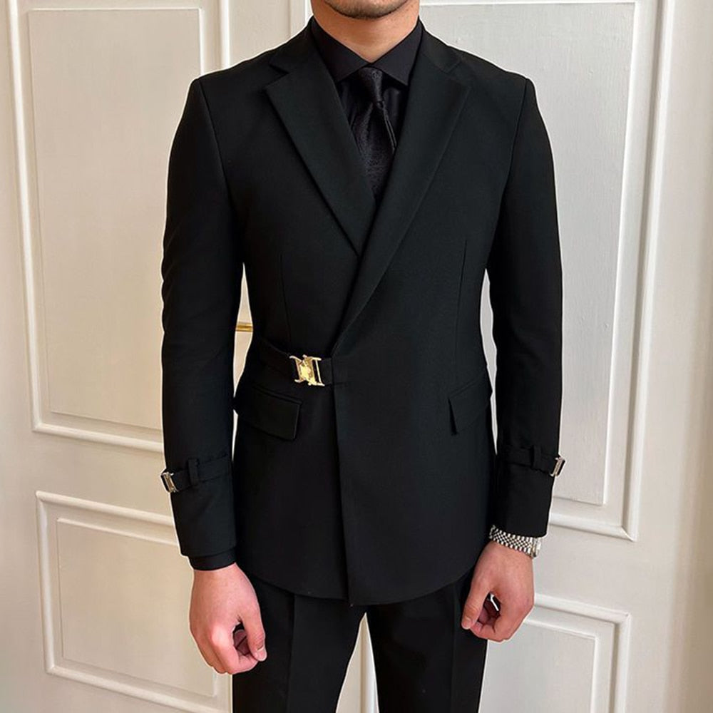 Veste de costume noire de style britannique pour homme, tenue professionnelle décontractée, tenue formelle, ceinture croisée 