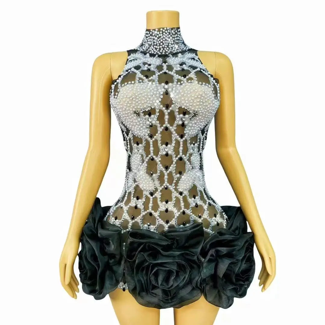 Elegantes guantes de falda corta con perlas y diamantes de imitación para mujer, de malla sexy transparente, para fiesta de noche, celebración de cumpleaños, vestido para sesión de fotos 