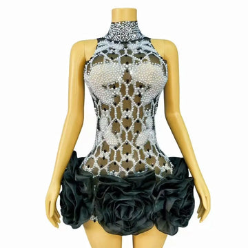 Elegantes guantes de falda corta con perlas y diamantes de imitación para mujer, de malla sexy transparente, para fiesta de noche, celebración de cumpleaños, vestido para sesión de fotos 