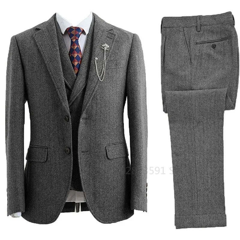 Costume 3 pièces pour homme en tweed à chevrons, croisé, smoking de mariage, taille homme, vêtements décontractés, mode masculine, costume homme