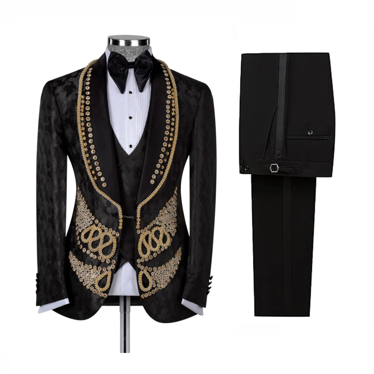 Luxury Jacquard Men Suit 3-Piece Blazer Single Breasted Jacket Beaded Slim Fit Wedding Tuxedo Groom Prom Customized